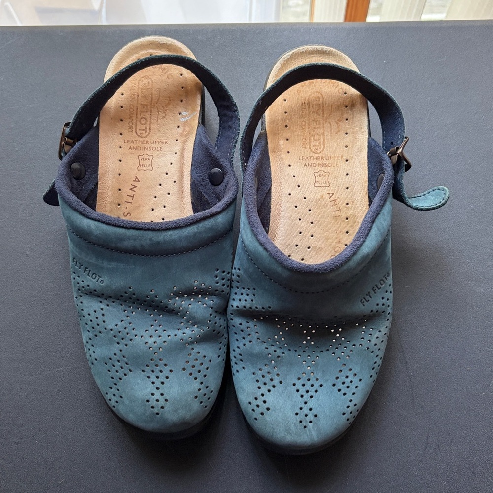 FLY FLOT Teal Perforated Slingback Clogs Size 39